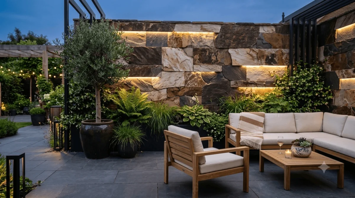Gartenbau Krefeld – stimmungsvoller Garten mit professioneller Gartenbeleuchtung bei Nacht